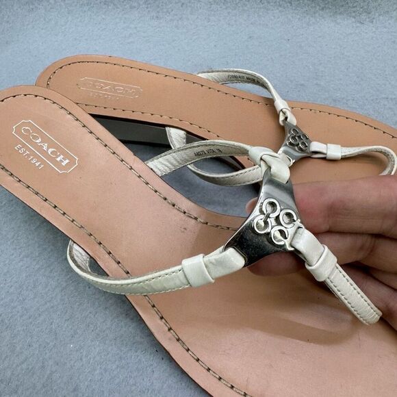 Y2K Coach Womens Beige White Vita Wedge Heel Flip Flop Leather Sandals Size 7 - Picture 5 of 12